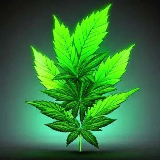 Neon green leaf graphic design with glowing effect on a dark background, healing plant art