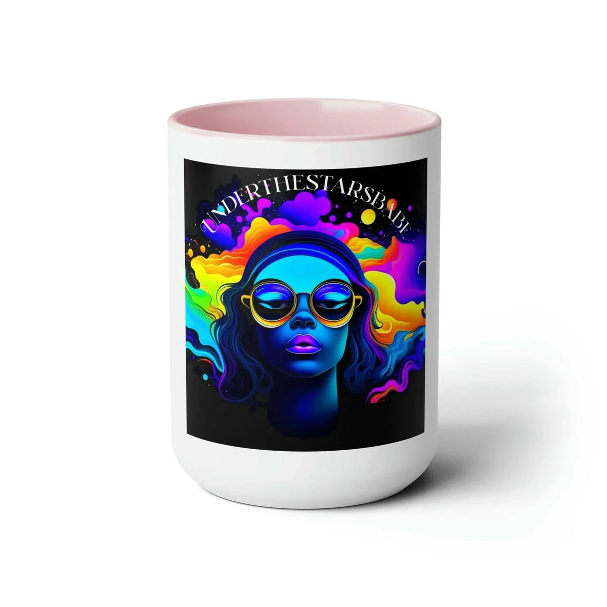 White mug with pink interior featuring vibrant psychedelic woman with sunglasses and colorful cosmic background