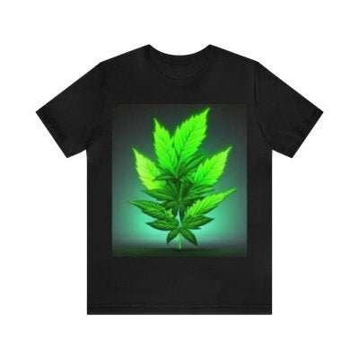 Black t-shirt with glowing green leaf graphic, celestial gift for teens or parents