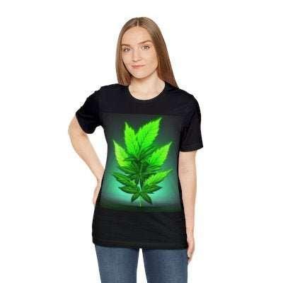 Woman wearing black t-shirt with large green leaf graphic, casual celestial fashion
