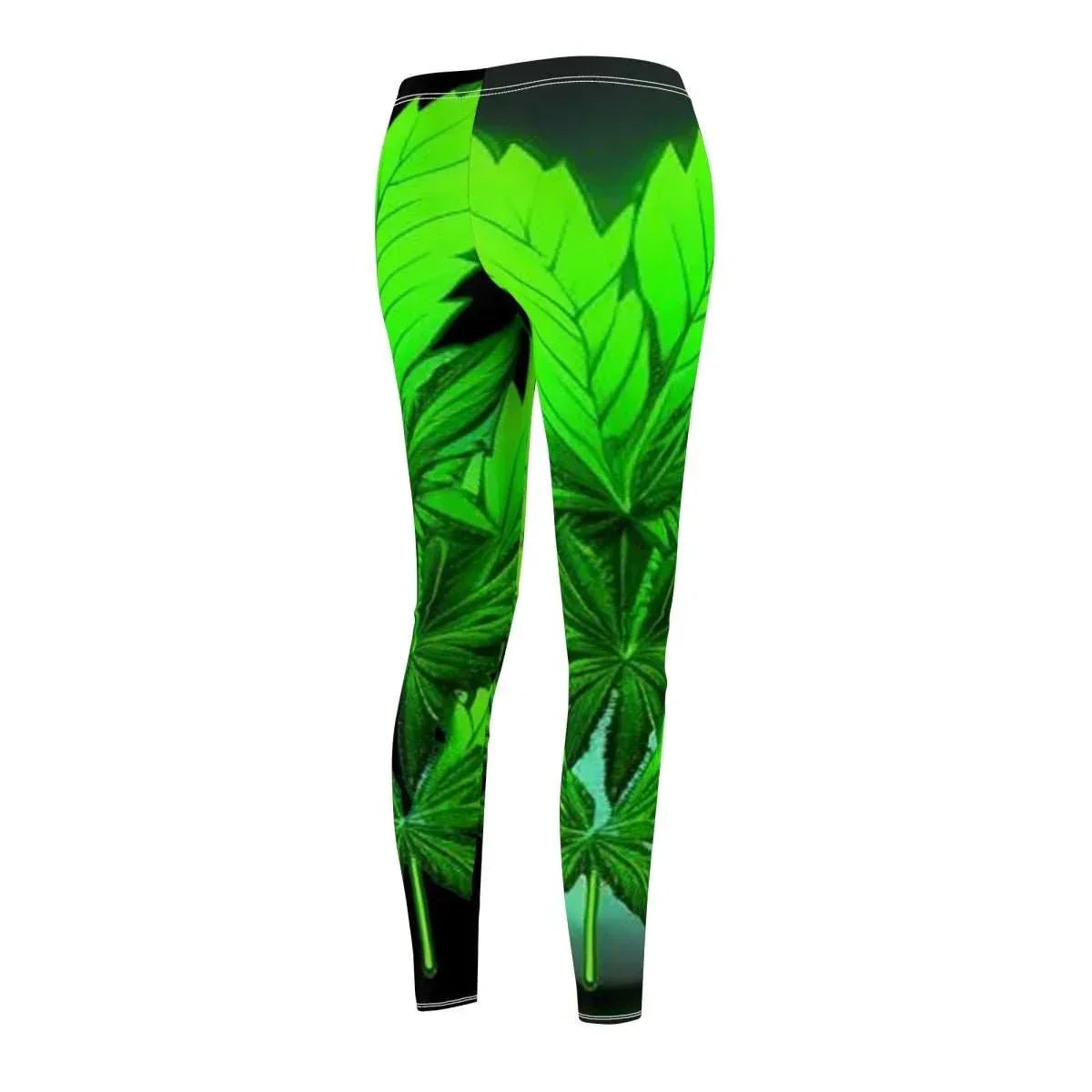 Green leggings with bold herbal leaf design and nature-inspired pattern