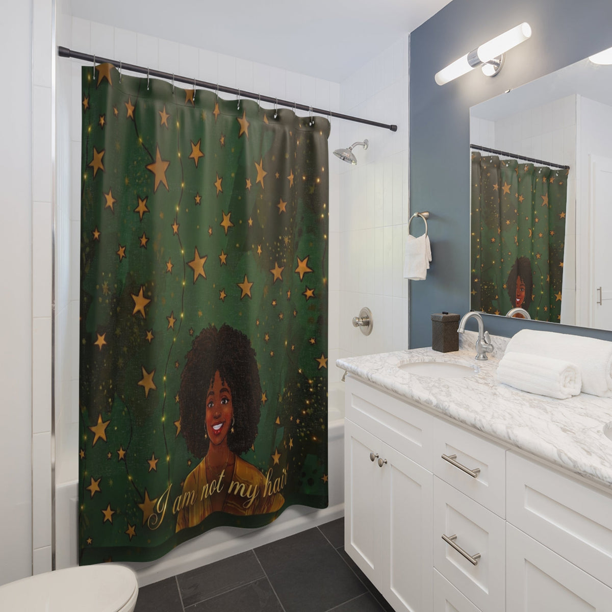 'I Am Not My Hair' Afro Woman Starry Green Bathroom Decor - underthestarsbabe
