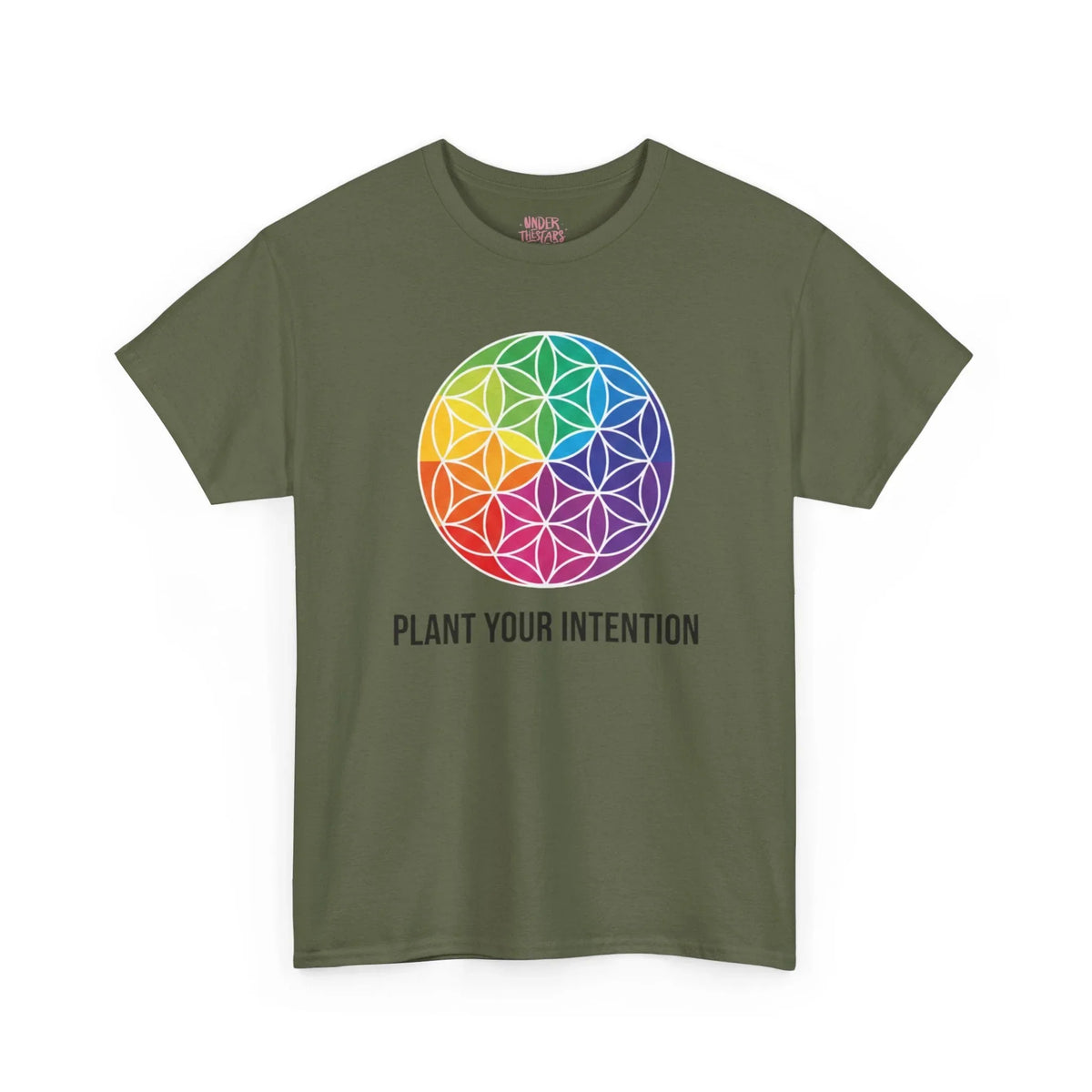 Intent Planting T‑Shirt — Rainbow Flower of Life Graphic Tee ("Plant Your Intention") - underthestarsbabe