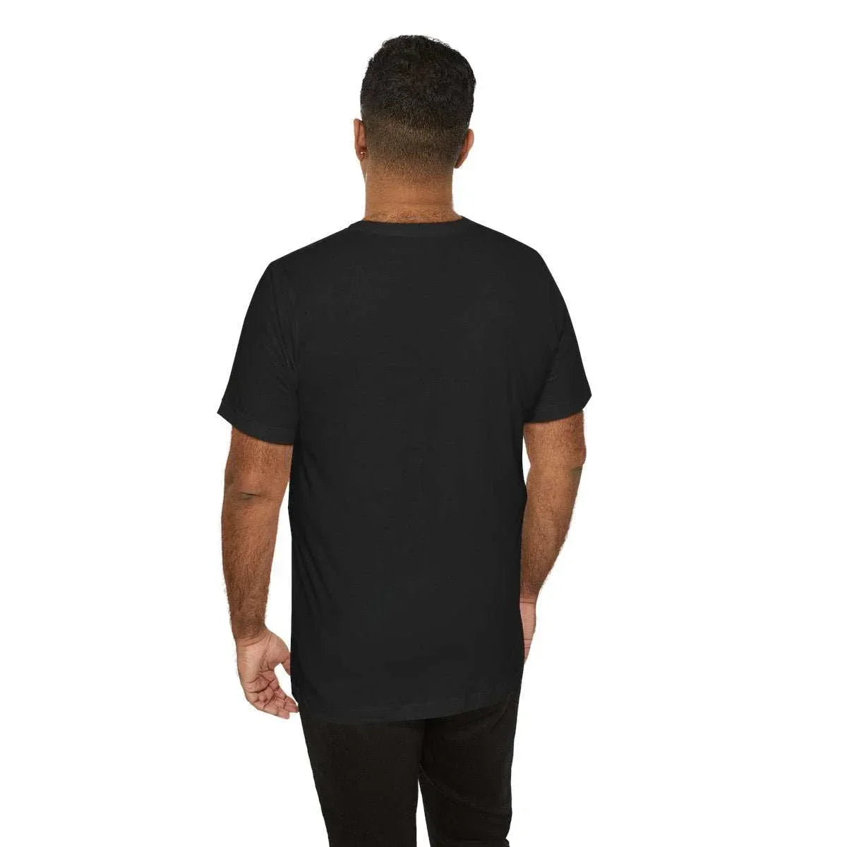 Man wearing plain black short sleeve t-shirt, back view, on white background