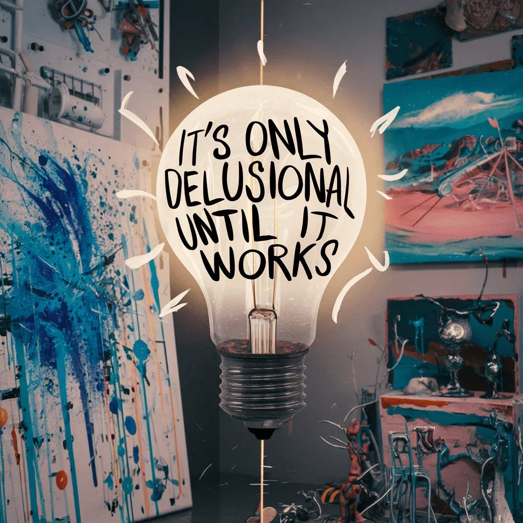 Light bulb with motivational quote 'It's only delusional until it works' in art studio setting