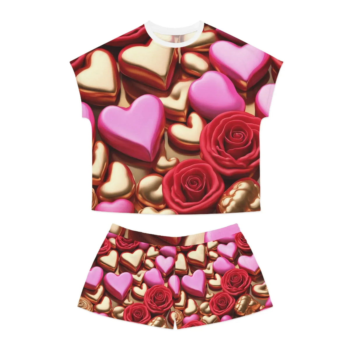 Womens short pajama set with pink and gold heart pattern and red rose print