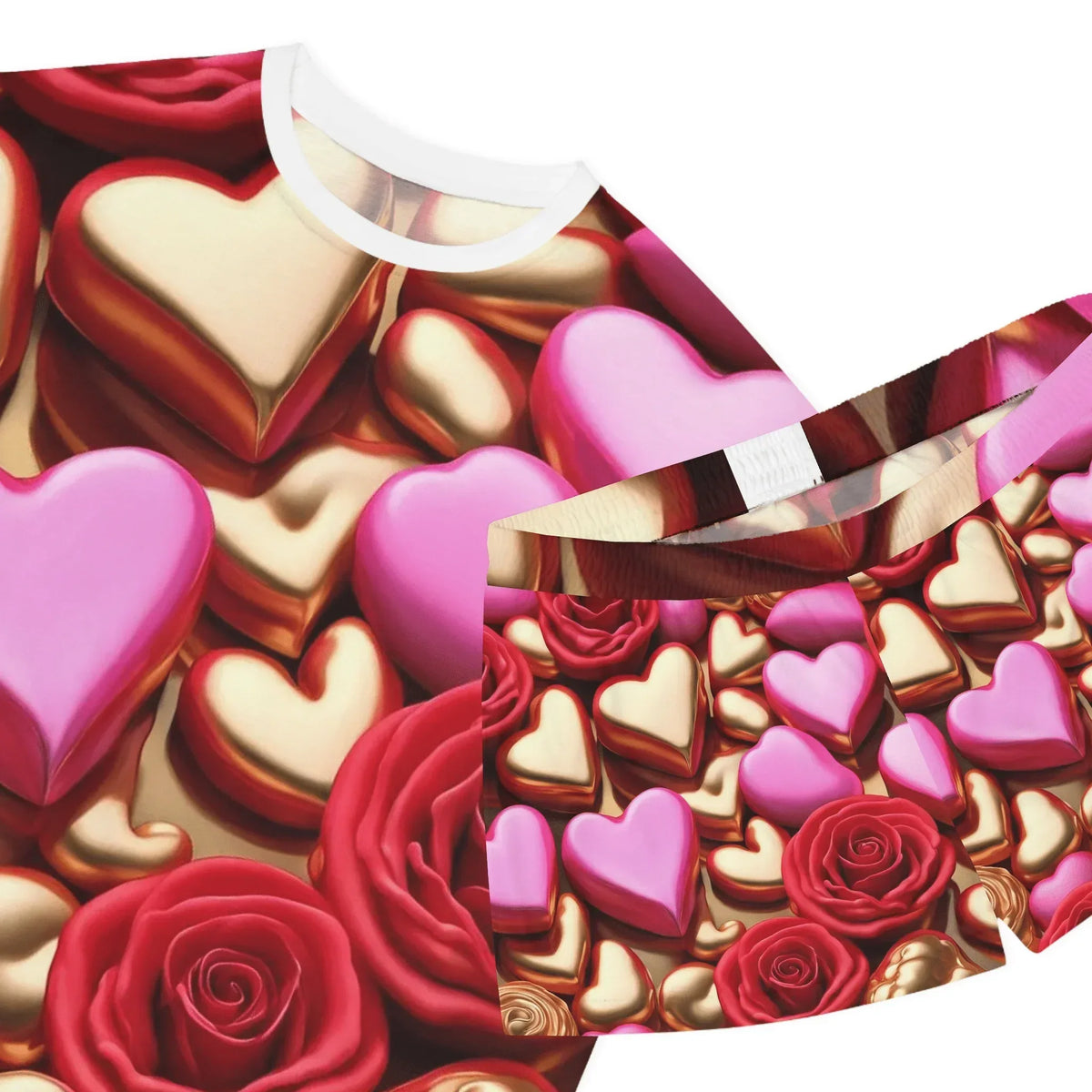 Pink and gold heart print short pyjamas set with red rose pattern, romantic sleepwear