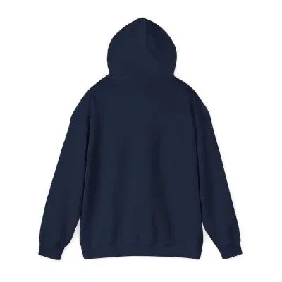 Plain navy blue hoodie with hood, displayed flat on white background