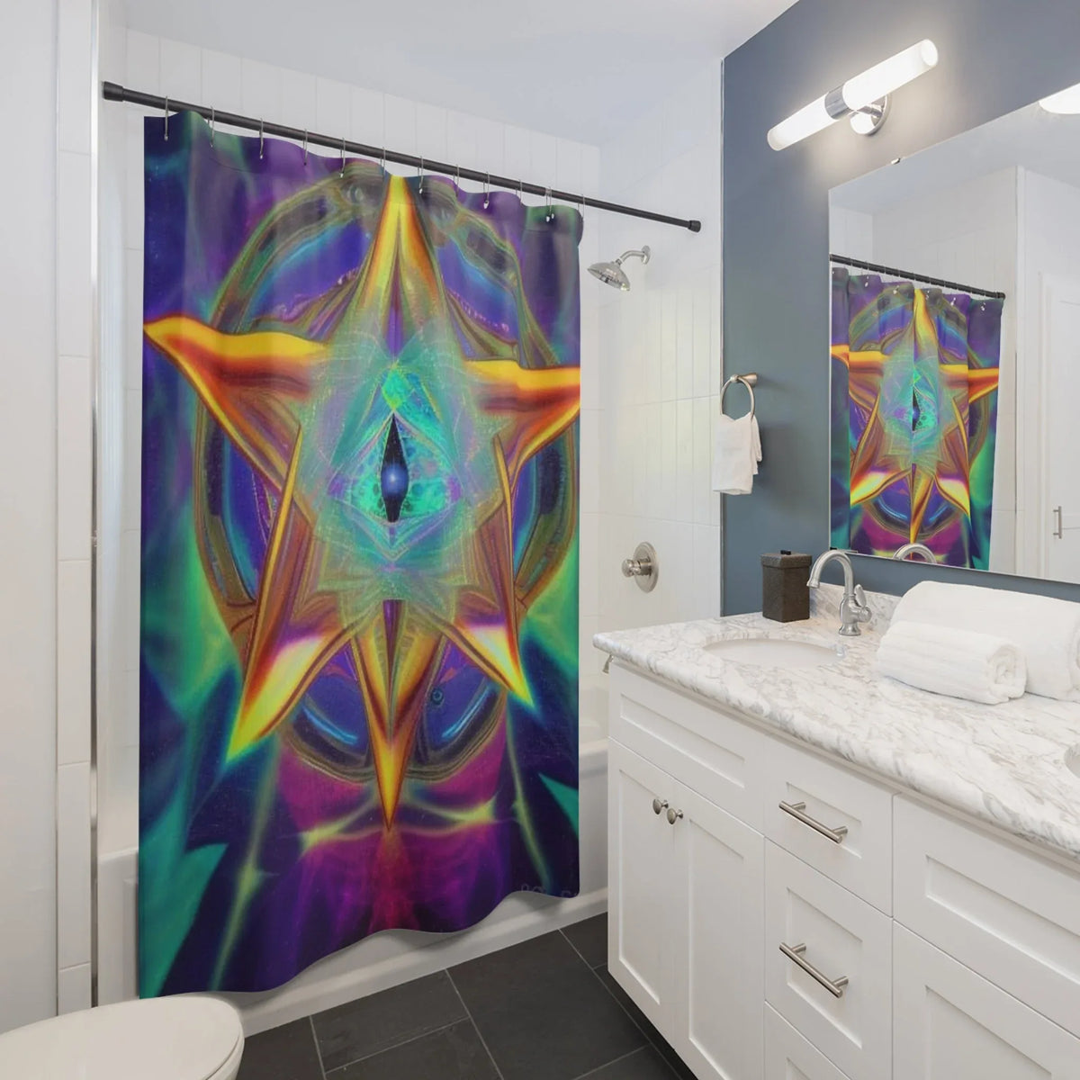 Merkabah Sacred Geometry Shower Curtain | Spiritual Bathroom Decor - underthestarsbabe