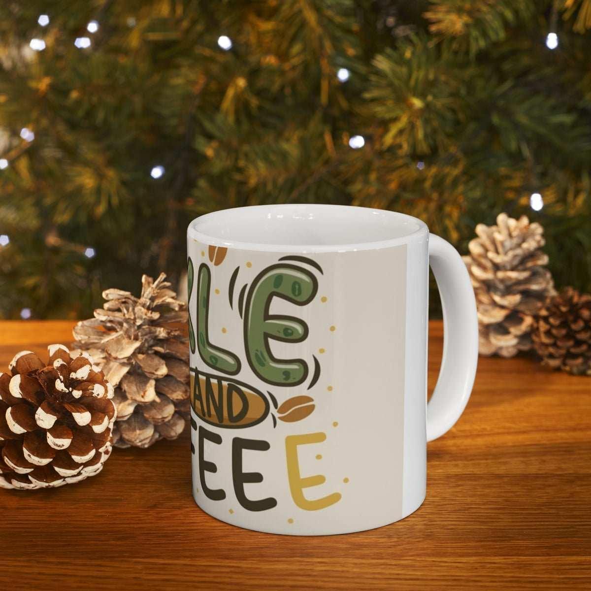 Ceramic coffee mug with pickleball-themed text beside pinecones on a wooden table, festive lights in background
