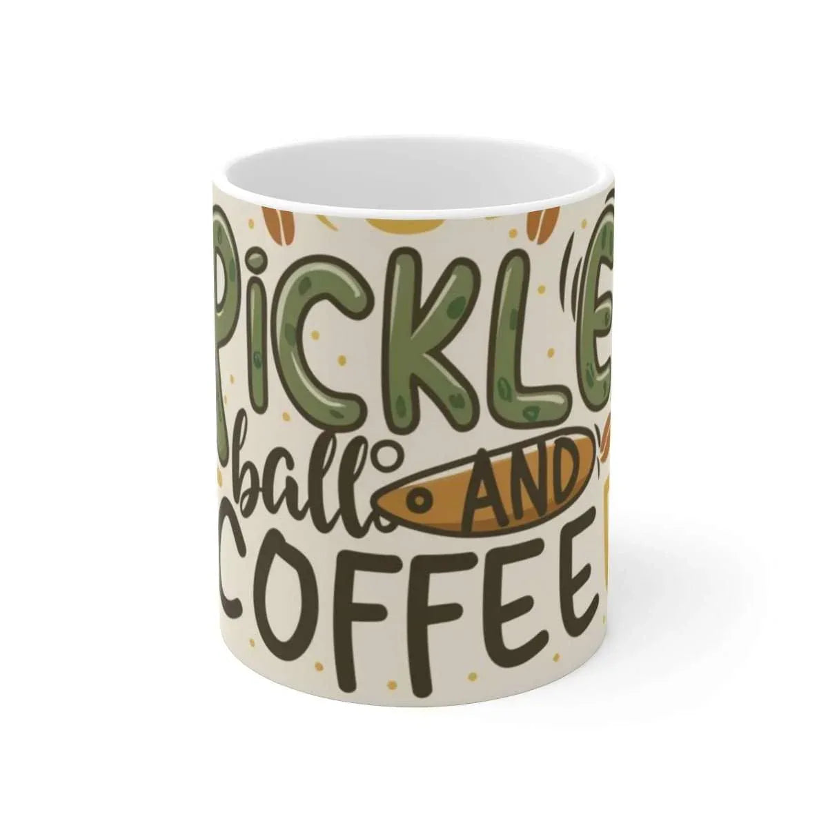 Ceramic mug with playful 'Pickleball and Coffee' text and sporty doodles