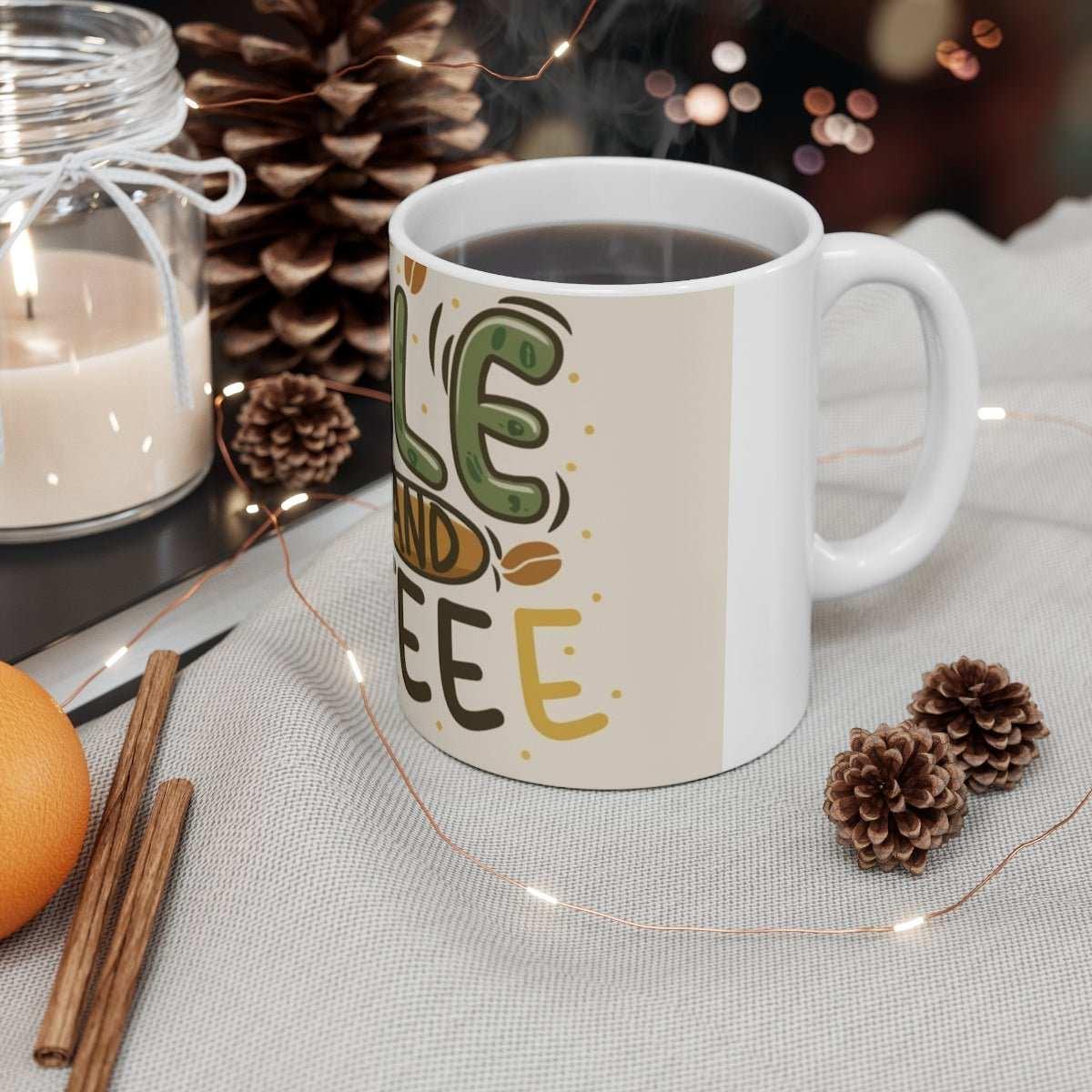 Ceramic mug with whimsical pickleball and coffee design, surrounded by pinecones and cozy decor.