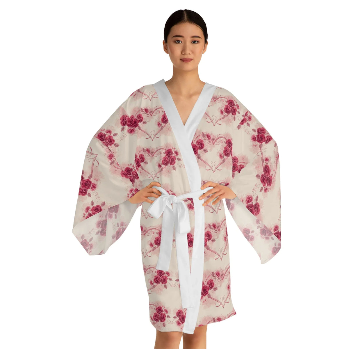 Pink Roses Long Sleeve Kimono Robe — Floral All-Over Print - underthestarsbabe