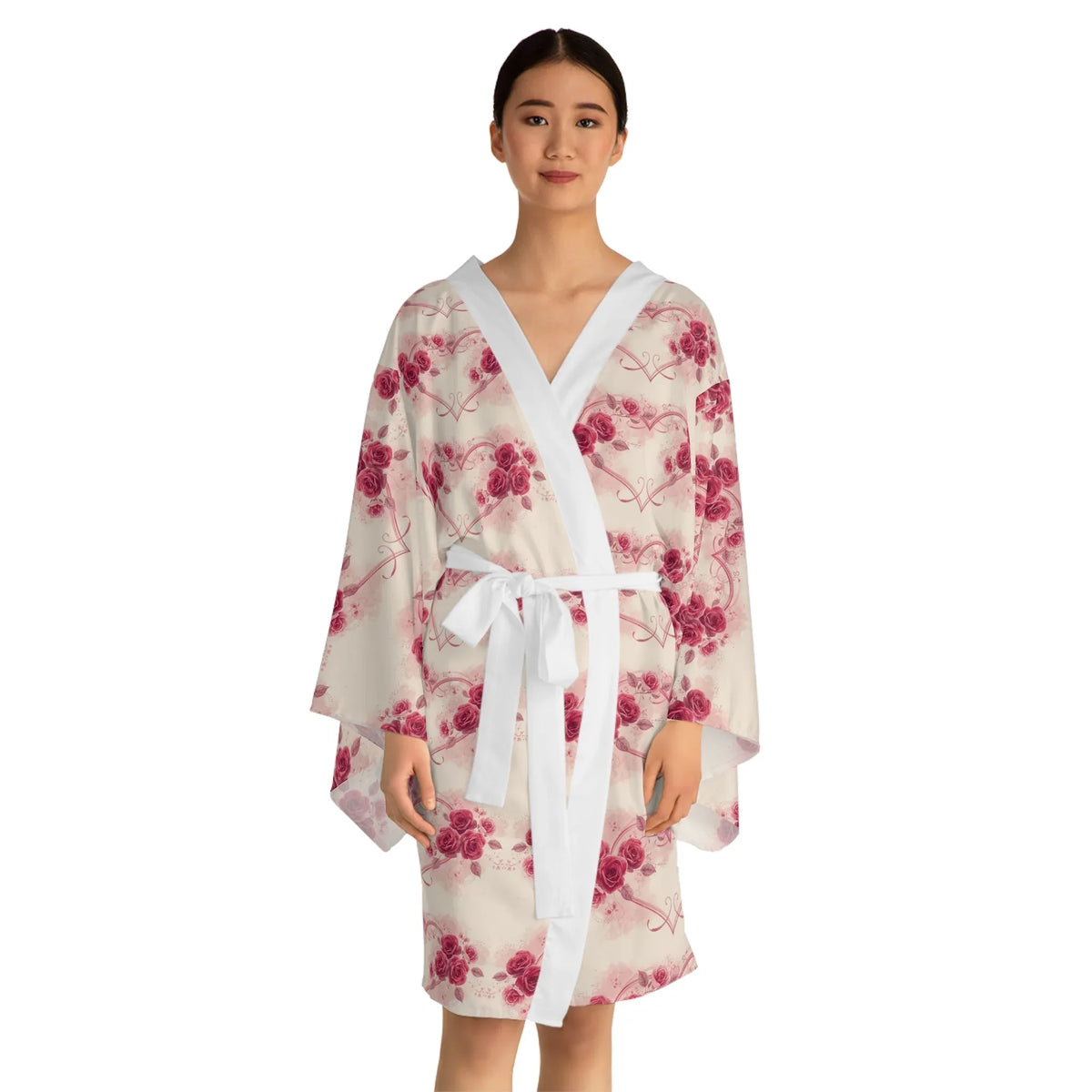 Pink Roses Long Sleeve Kimono Robe — Floral All-Over Print - underthestarsbabe