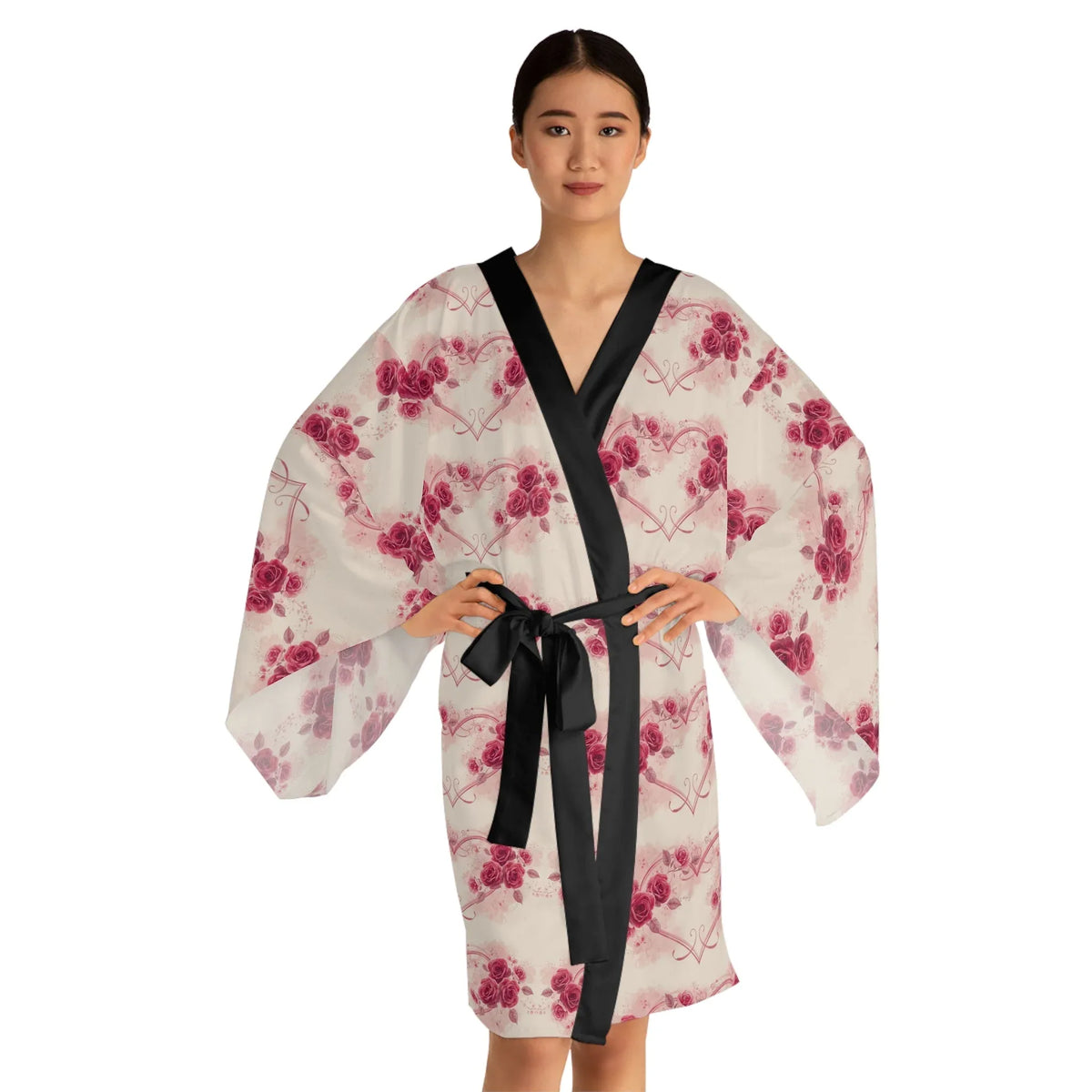 Pink Roses Long Sleeve Kimono Robe — Floral All-Over Print - underthestarsbabe