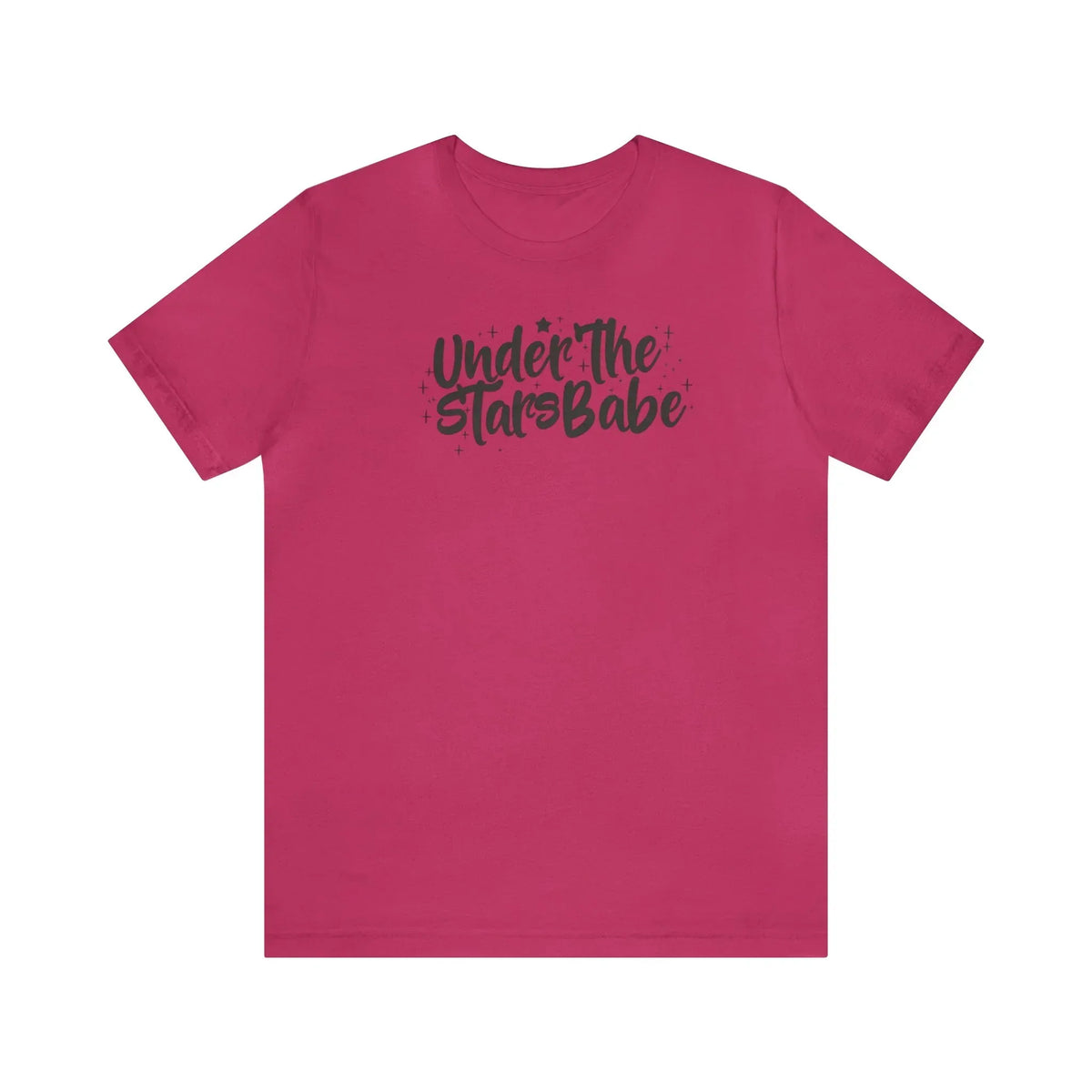 Hot pink t-shirt with 'Under The Stars Babe' celestial script and star accents on front
