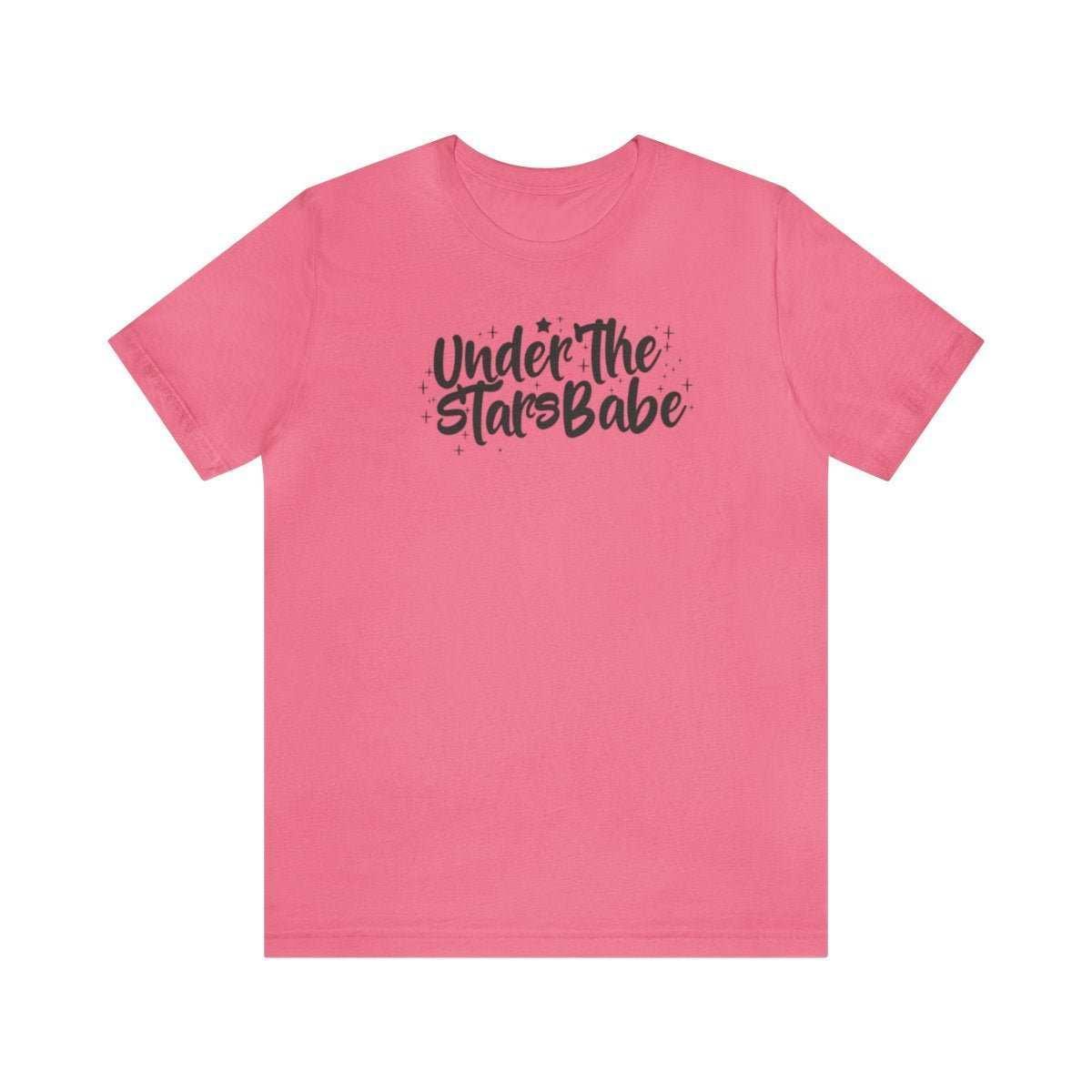 Pink t-shirt with Under The Stars Babe celestial script graphic on front