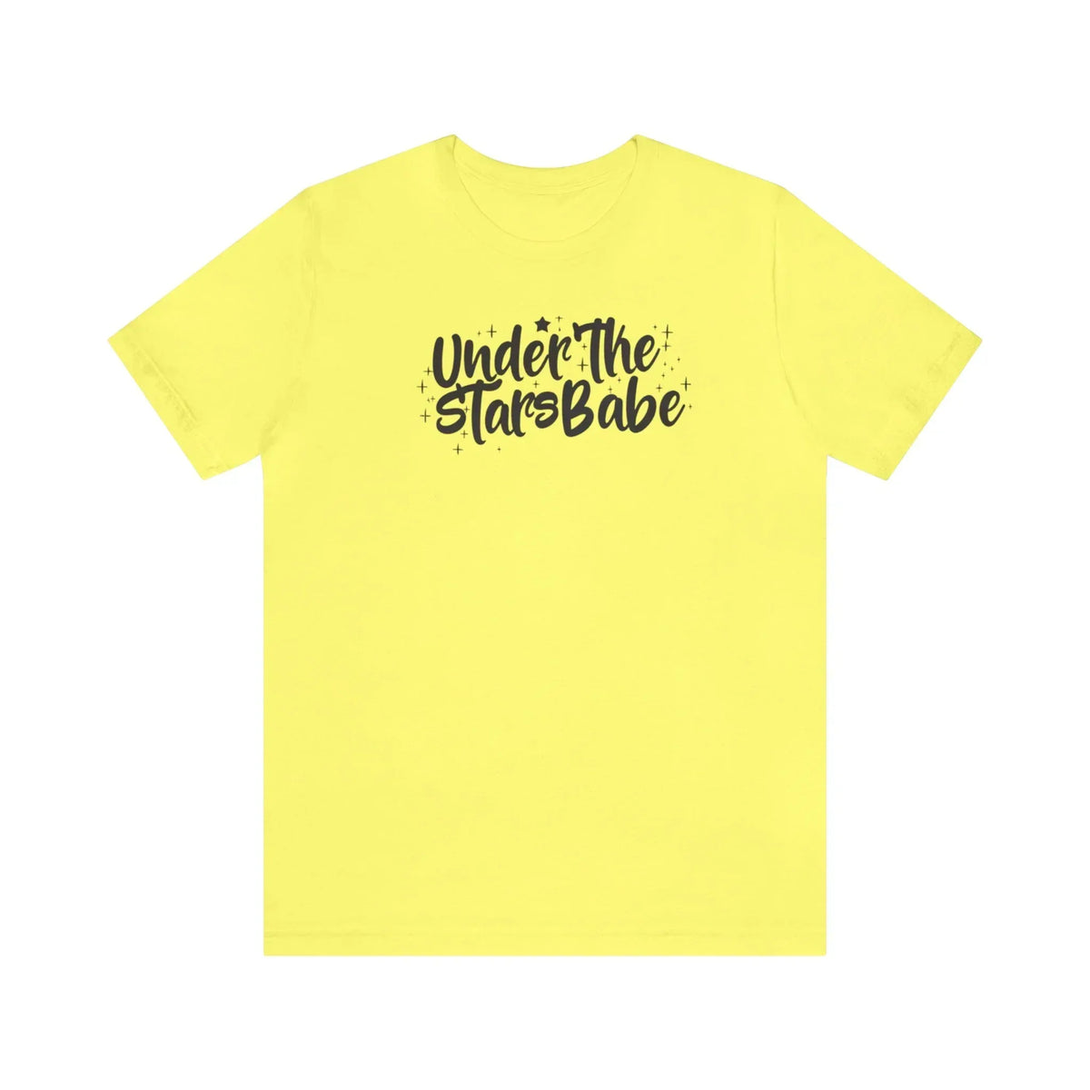 Yellow t-shirt with 'Under The Stars Babe' celestial text graphic on front.