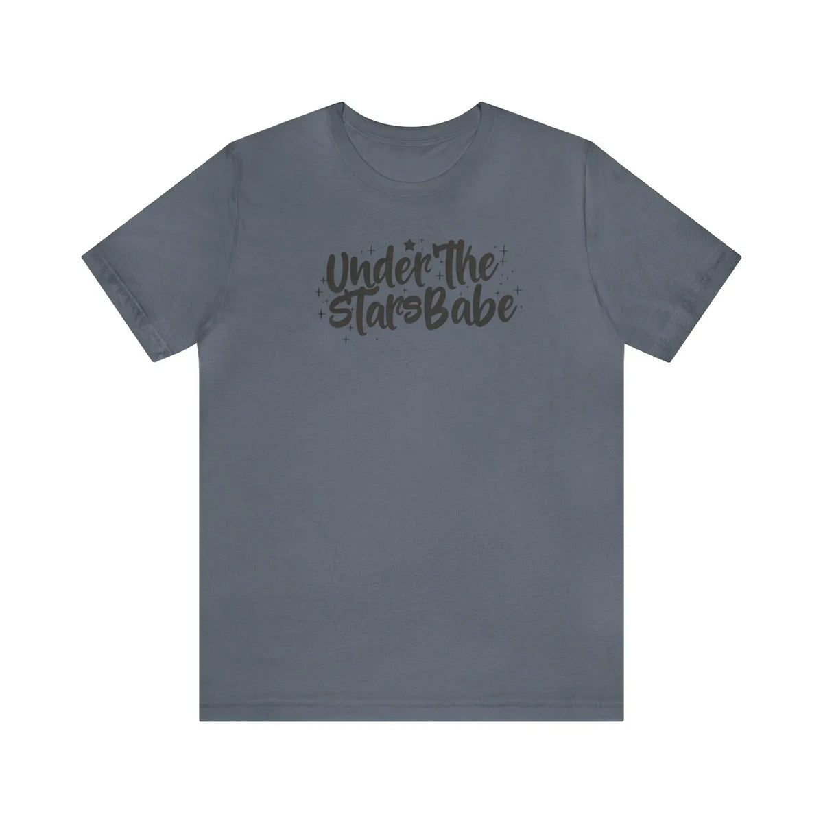 Gray t-shirt with 'Under The Stars Babe' celestial text design on front, minimalist style