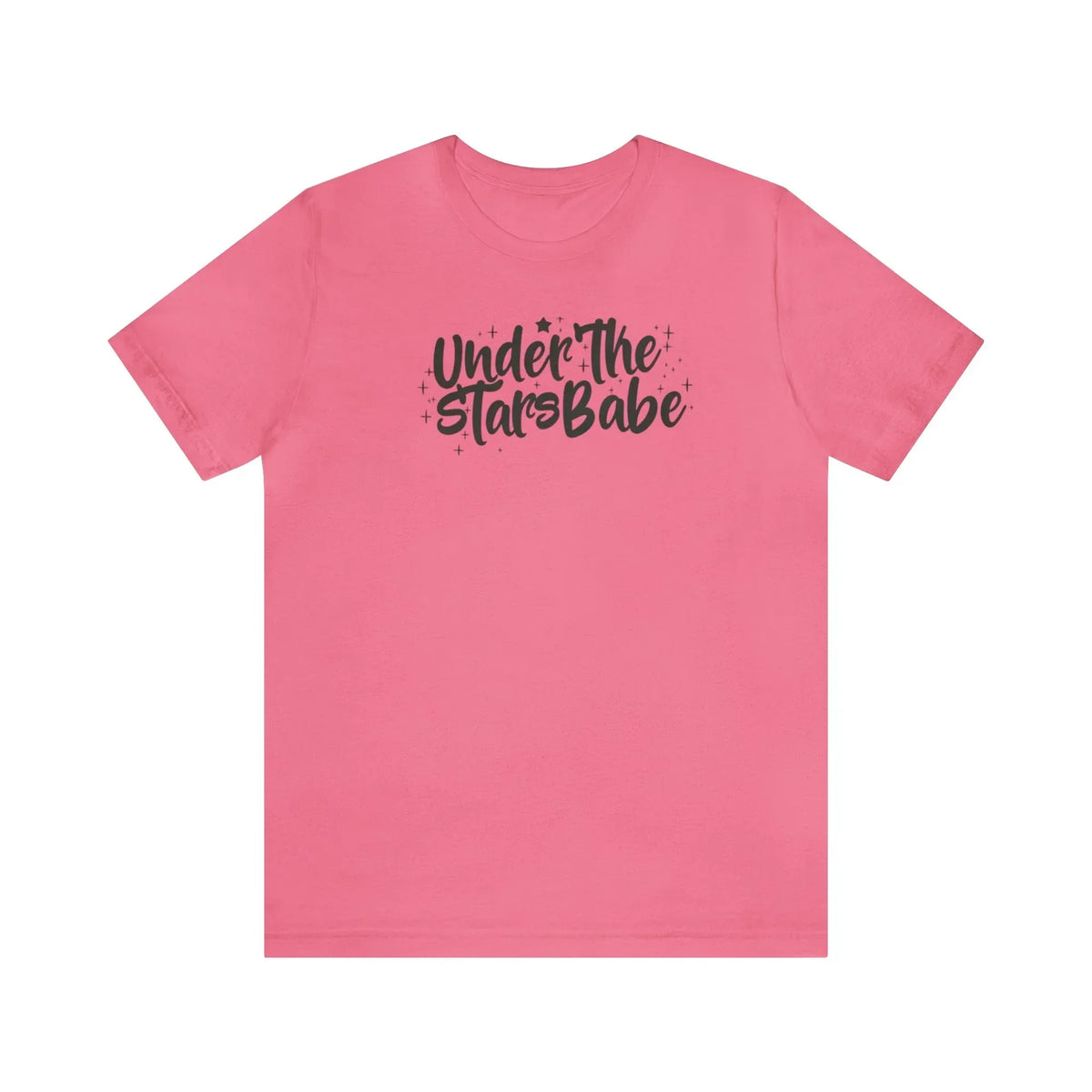 Pink t-shirt with 'Under The Stars Babe' celestial text design, casual fashion top